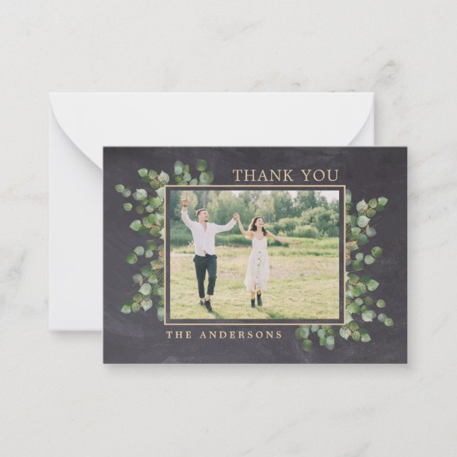 Budget Wedding Photo Rustic Greenery Thank You Note Card (Front)