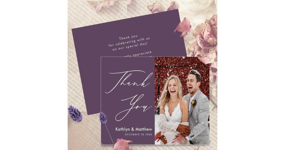 Budget Wedding Photo Thank You Mauve Purple Card | Zazzle