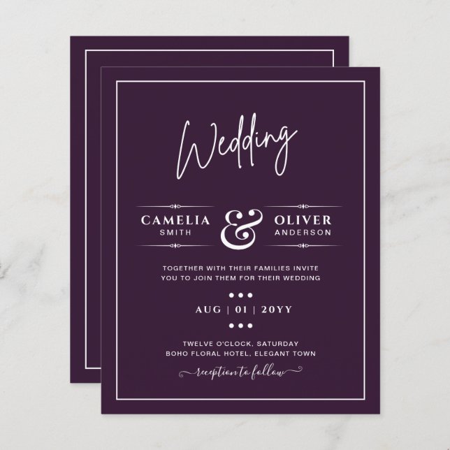 BUDGET Wedding PLUM PURPLE Monochrome Simple (Front/Back)
