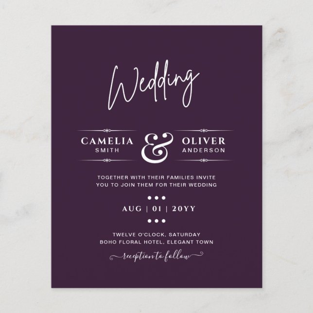 BUDGET Wedding PLUM PURPLE Monochrome Simple Flyer (Front)