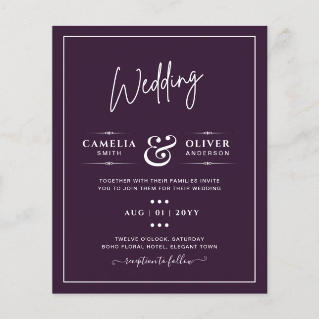 BUDGET Wedding PLUM PURPLE Monochrome Simple Flyer (Front)