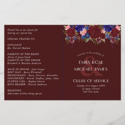 Budget Wedding Program Burgundy Blue Roses Flowers