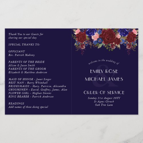 Budget Wedding Program Burgundy Blue Roses Flowers