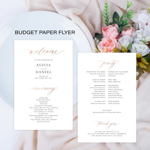Budget wedding program rose gold script elegant flyer