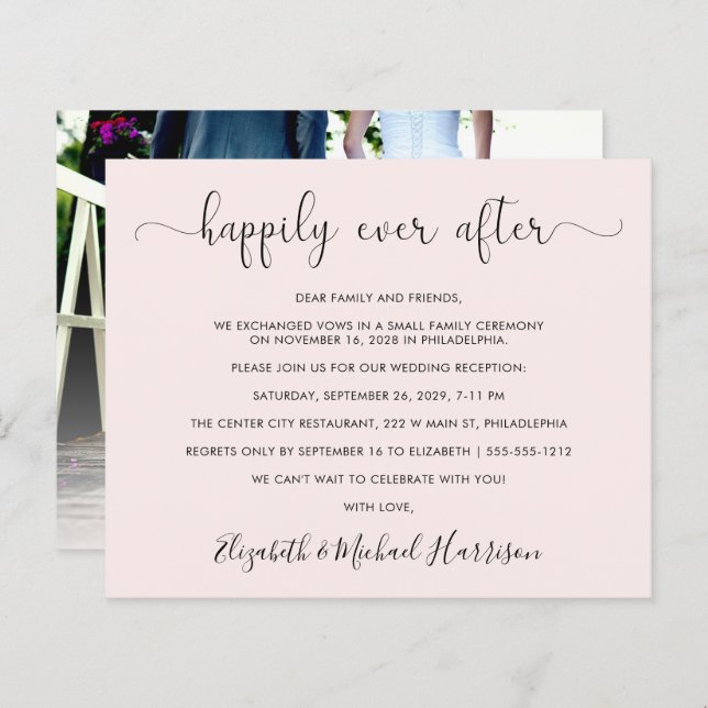 Budget Wedding Reception Photo Pink Invitation (Front/Back)