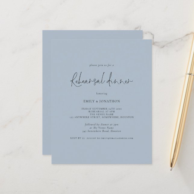 Budget Wedding Rehearsal Dinner Dusty Blue Invite (Front/Back In Situ)