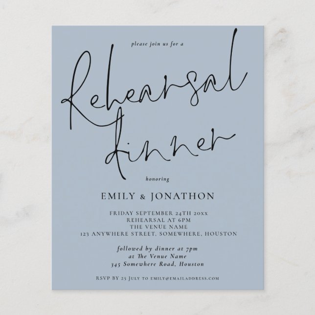 Budget Wedding Rehearsal Dinner Dusty Blue Invite (Front)