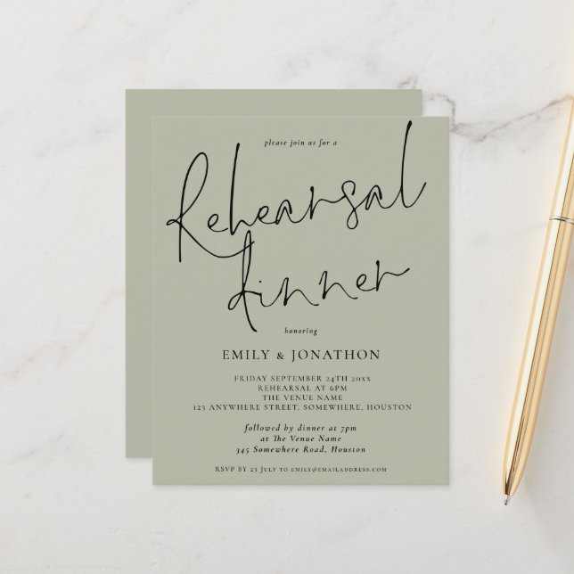 Budget Wedding Rehearsal Dinner Light Sage Invite (Front/Back In Situ)