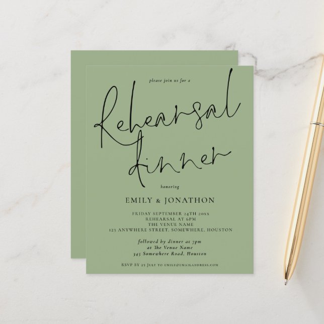 Budget Wedding Rehearsal Dinner Sage Green Invite (Front/Back In Situ)