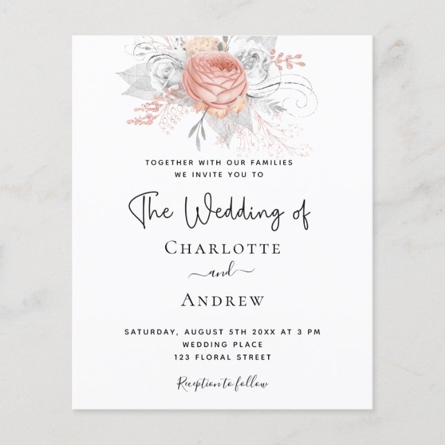 Budget Wedding rose gold floral elegant silver (Front)