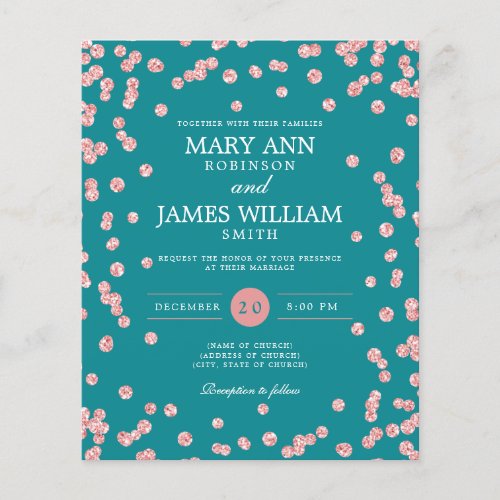 Budget Wedding Rose Gold Glitter Teal Invite Flyer