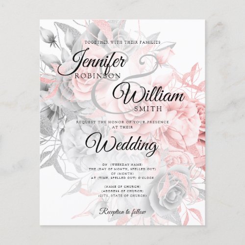 Budget Wedding Rose Gold  Silver Floral Invitation Flyer