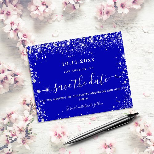 Budget wedding royal blue silver glitter save date