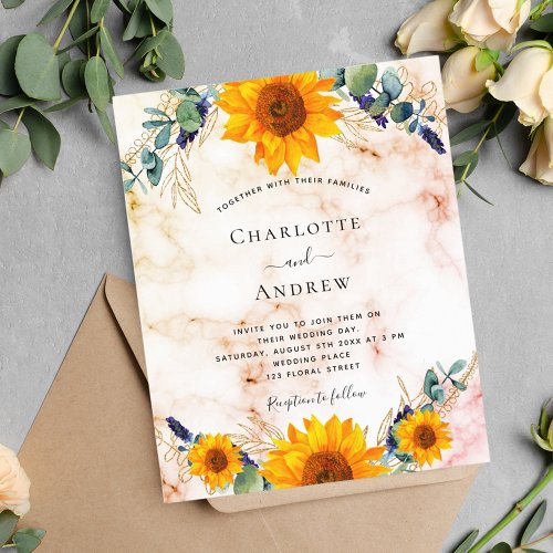 Budget wedding rustic sunflowers eucalyptus marble