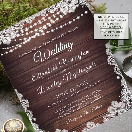 Budget Wedding Rustic Wood Lights Lace Invitation