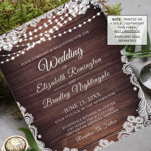 Budget Wedding Rustic Wood Lights Lace Invitation (Creator Uploaded)