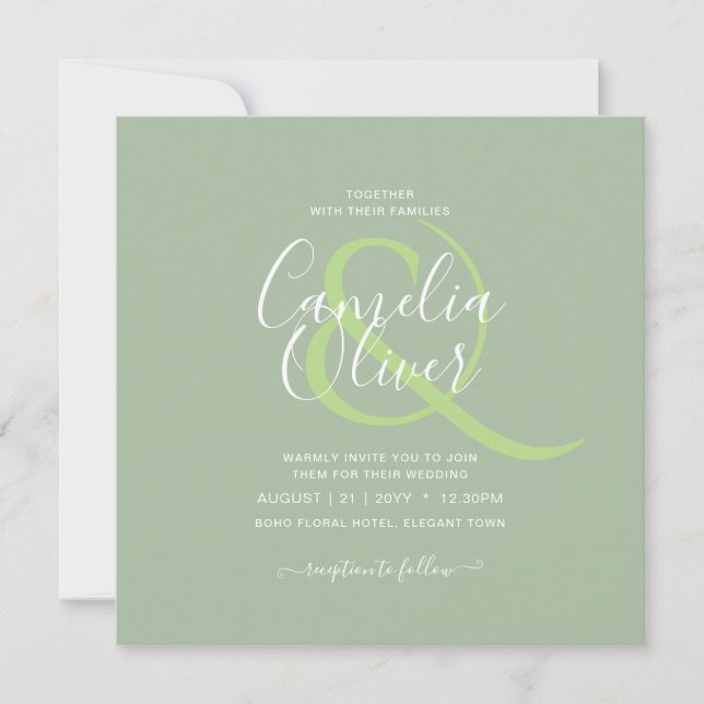 BUDGET Wedding Sage Apple Green Monochrome Text  Invitation (Front)