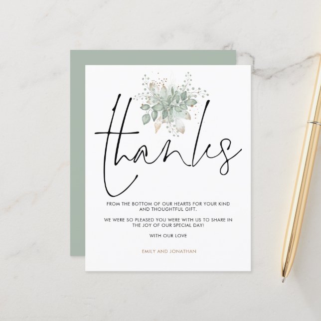 Budget Wedding Sage Foliage Gold Script Thanks (Front/Back In Situ)