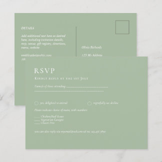 BUDGET Wedding Sage Green Monochrome Wedding RSVP Postcard