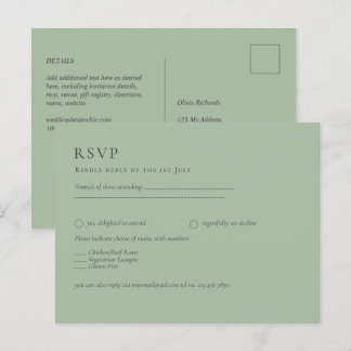 BUDGET Wedding Sage Green Monochrome Wedding RSVP Postcard