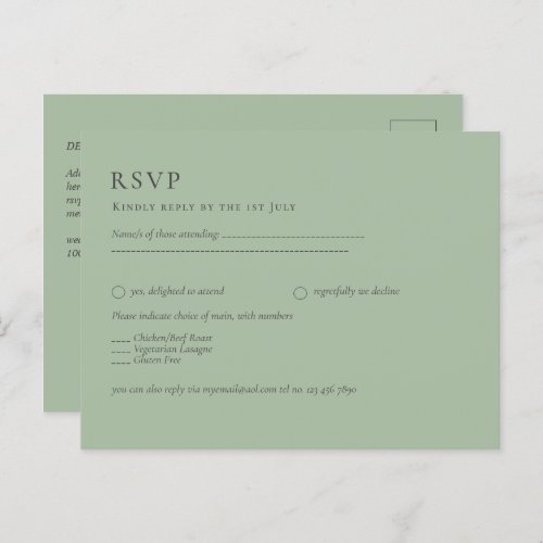 BUDGET Wedding Sage Green Monochrome Wedding RSVP Postcard