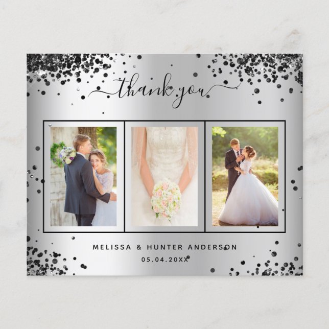 Budget wedding silver black photo thank you card (Front)