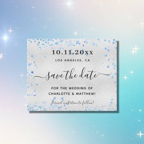 Budget wedding silver blue hearts save the date