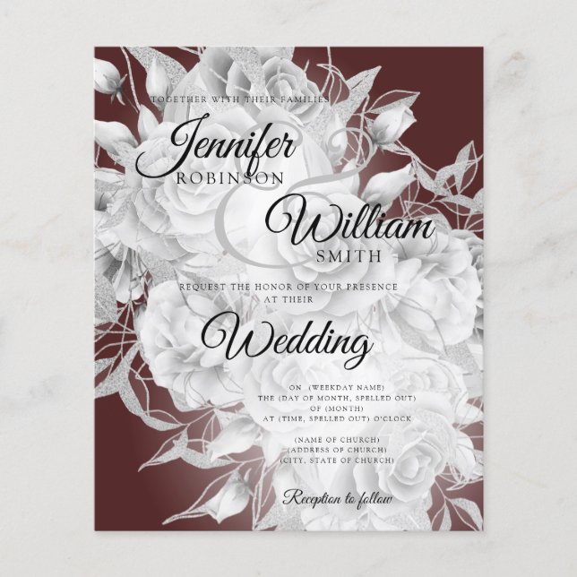 Budget Wedding Silver & Burgundy Floral Invitation Flyer (Front)