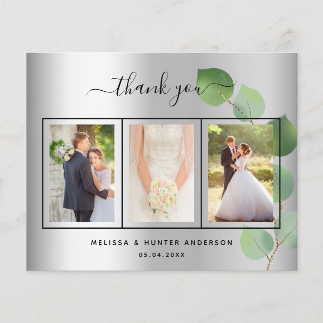 Budget wedding silver photo script thank you card (Front)