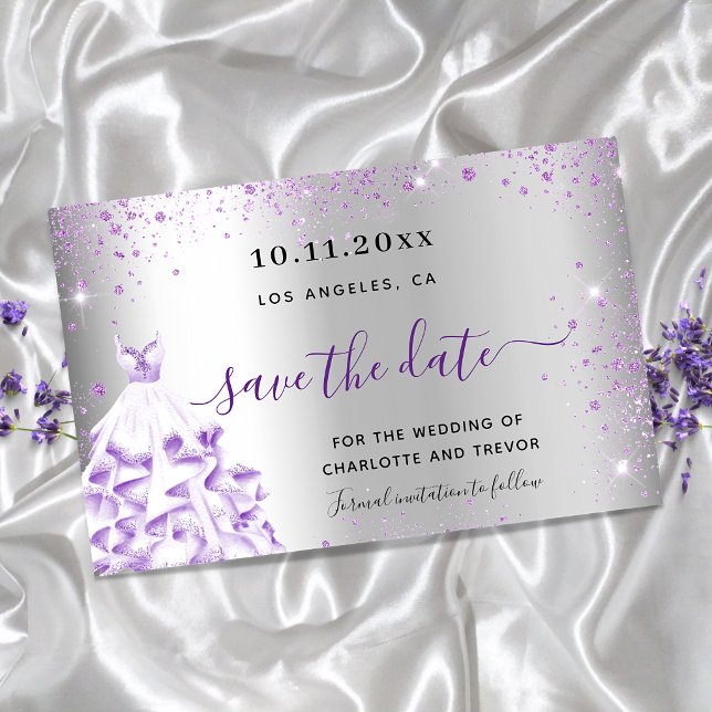 Budget wedding silver purple dress save the date