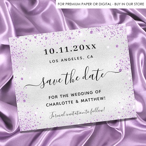 Budget wedding silver purple glitter save the date