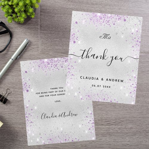 Budget wedding silver purple glitter thank you