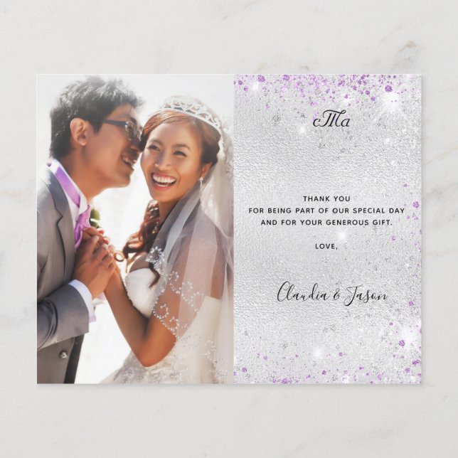Budget wedding silver purple photo thank you (Back)