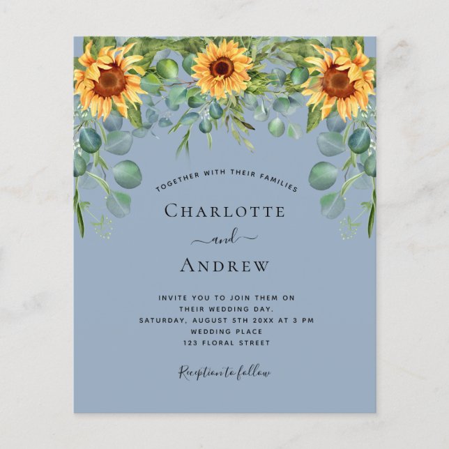 Budget wedding sunflowers eucalyptus dusty blue (Front)