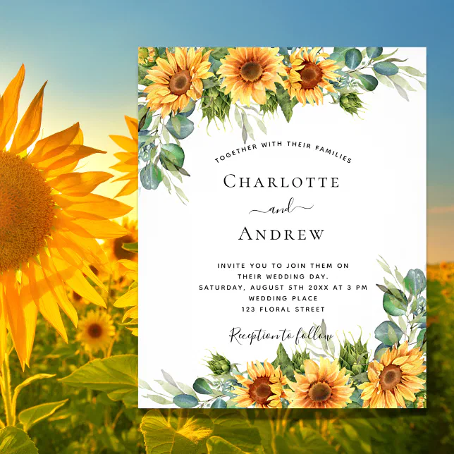 Budget wedding sunflowers eucalyptus invitation | Zazzle