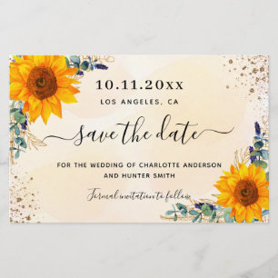 Budget wedding sunflowers eucalyptus save the date