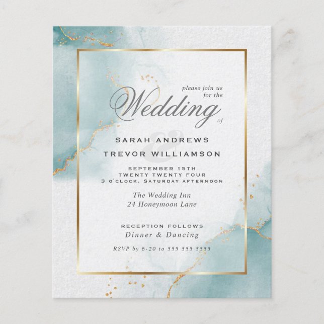 Budget Wedding Teal Gold Abstract Marbled Invitati (Front)