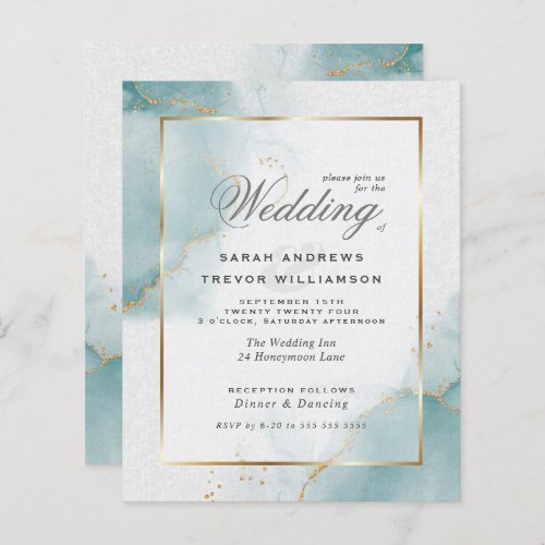 Budget Wedding Teal Gold Abstract Marbled Invitati