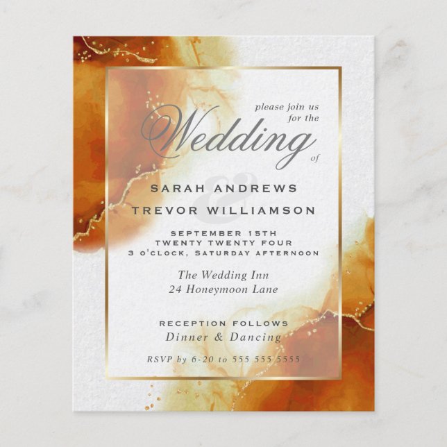 Budget Wedding Topaz Gold Abstract Marble Invitati (Front)