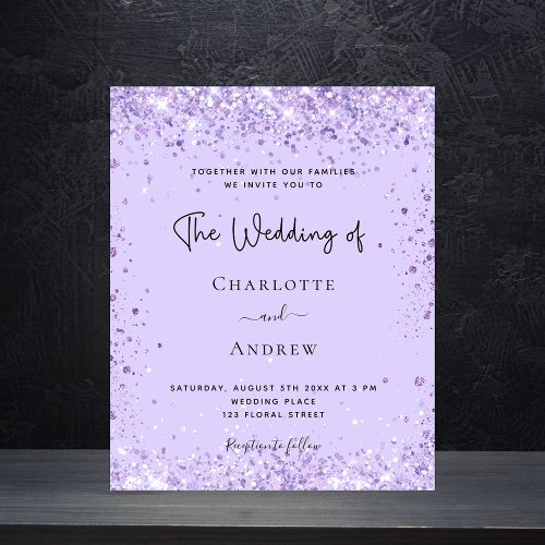 Budget wedding violet glitter script invitation