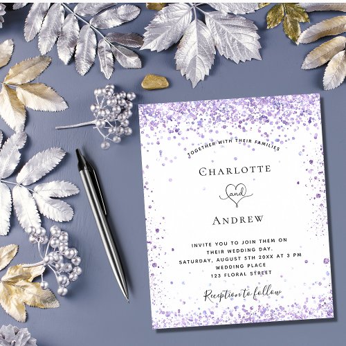 Budget wedding violet glitter script invitation