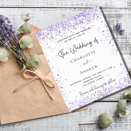 Budget wedding violet lavender glitter invitation