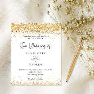 Budget wedding white gold glitter invitation