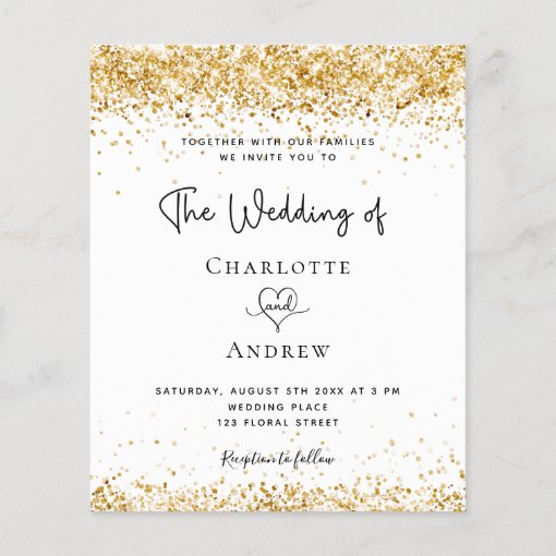 Budget wedding white gold glitter invitation | Zazzle