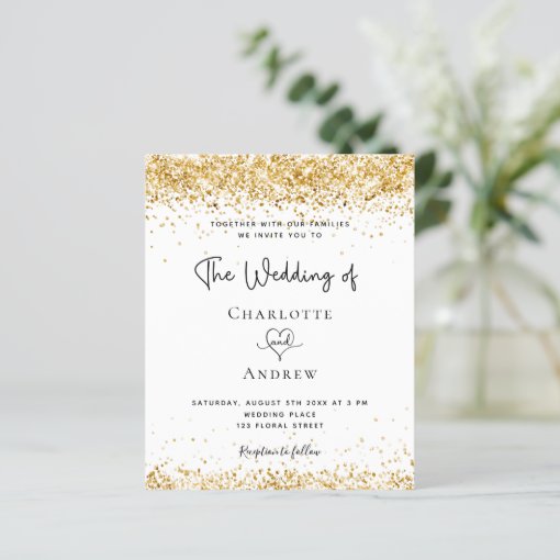 Budget wedding white gold glitter invitation | Zazzle