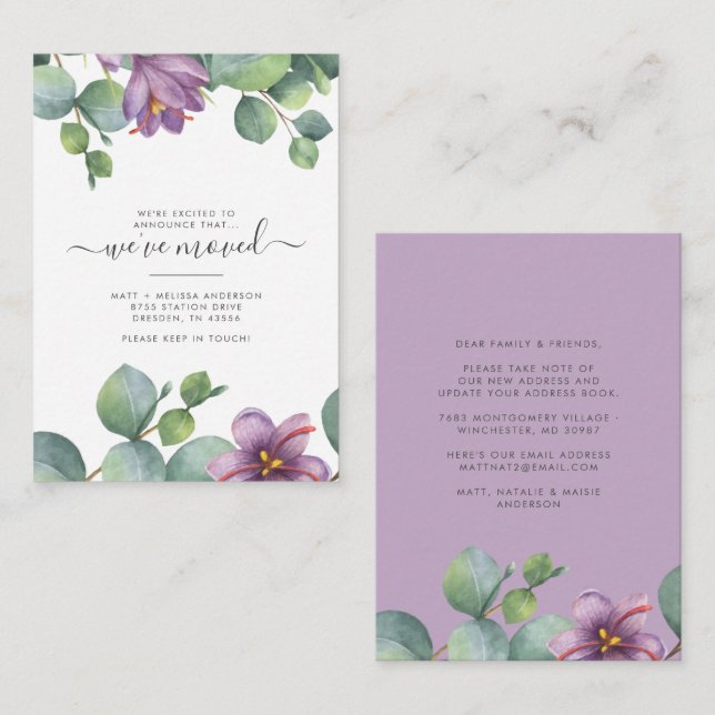 Budget We've Moved Eucalyptus Purple Green Moving Note Card (Front/Back)