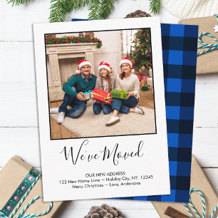 Budget We've Moved Photo Blue Plaid Holiday Moving Note Card