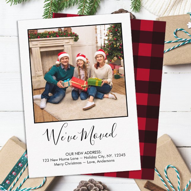 Budget We've Moved Photo Red Plaid Holiday Moving Note Card (Creator Uploaded)