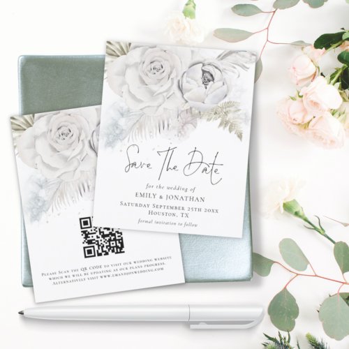 Budget Whiite Florals QR Code Save The Date