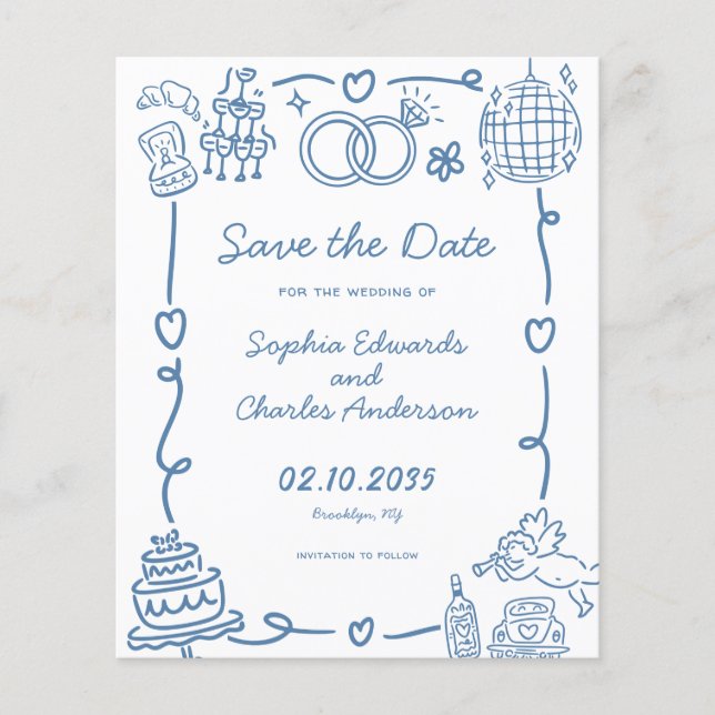 Budget Whimsical Doodles Wedding Save the Date (Front)